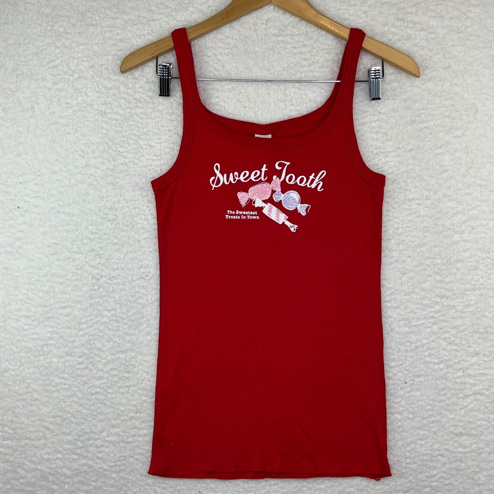American Eagle Red Sweet Tooth Candy Graphic Tank Top Scoop Neck Ribbed Large